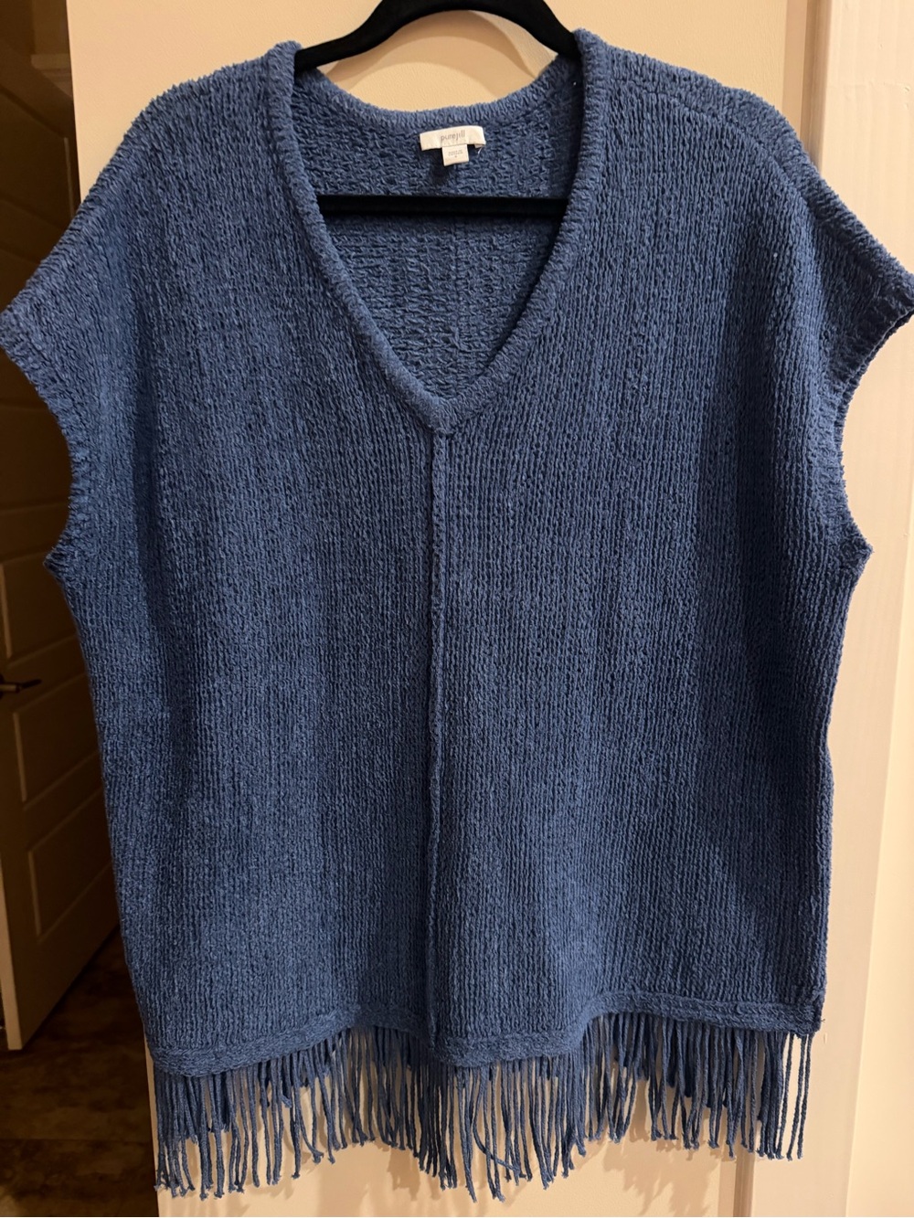 J. Jill Denim Blue V‑Neck Fringe Knit Sweater Vest